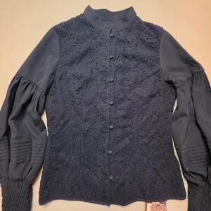 Artka Black Floral Lace Long-Sleeve Button-Up Blouse Sz L China Sz S USA NWT